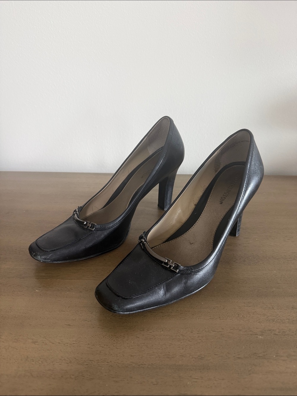 Worthington Black Leather Chain-Accent Pumps
